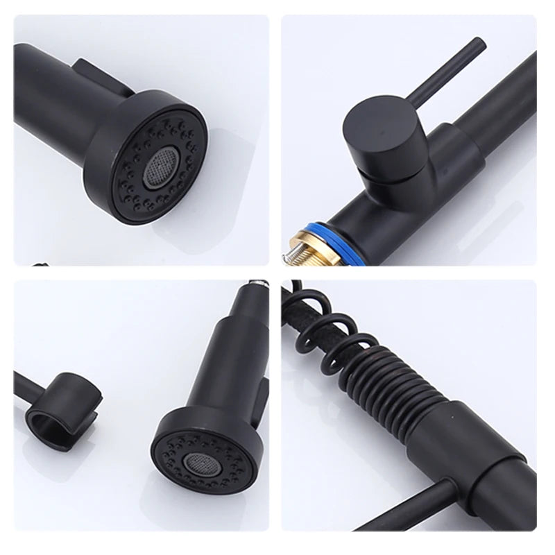 Stainless Steel Kitchen Faucet – Pull-Down Spring Spout with 360° Rotation | Matte Black