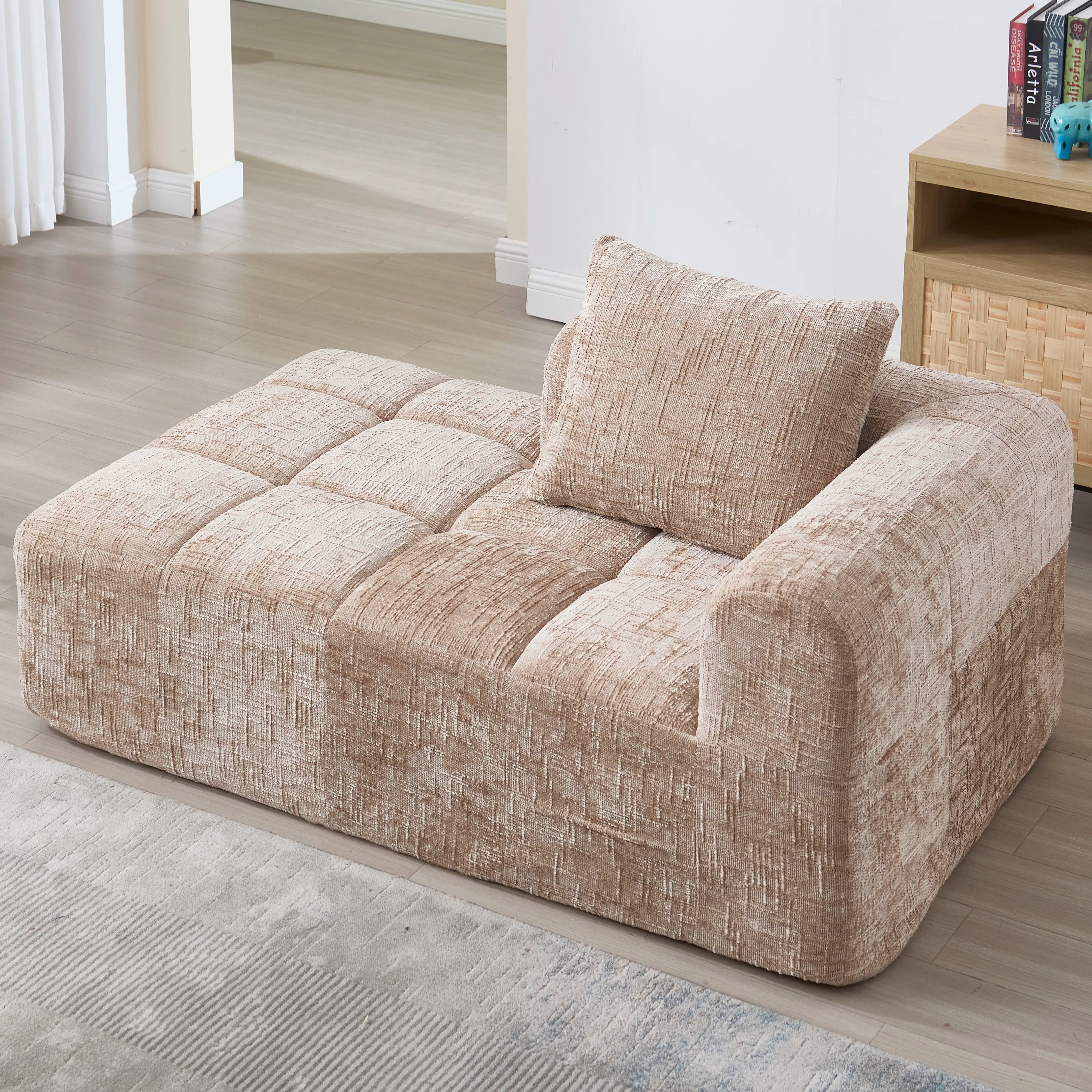 Luxury Beige Chenille Chaise Lounge Sofa - 2-Seater with Storage Pockets