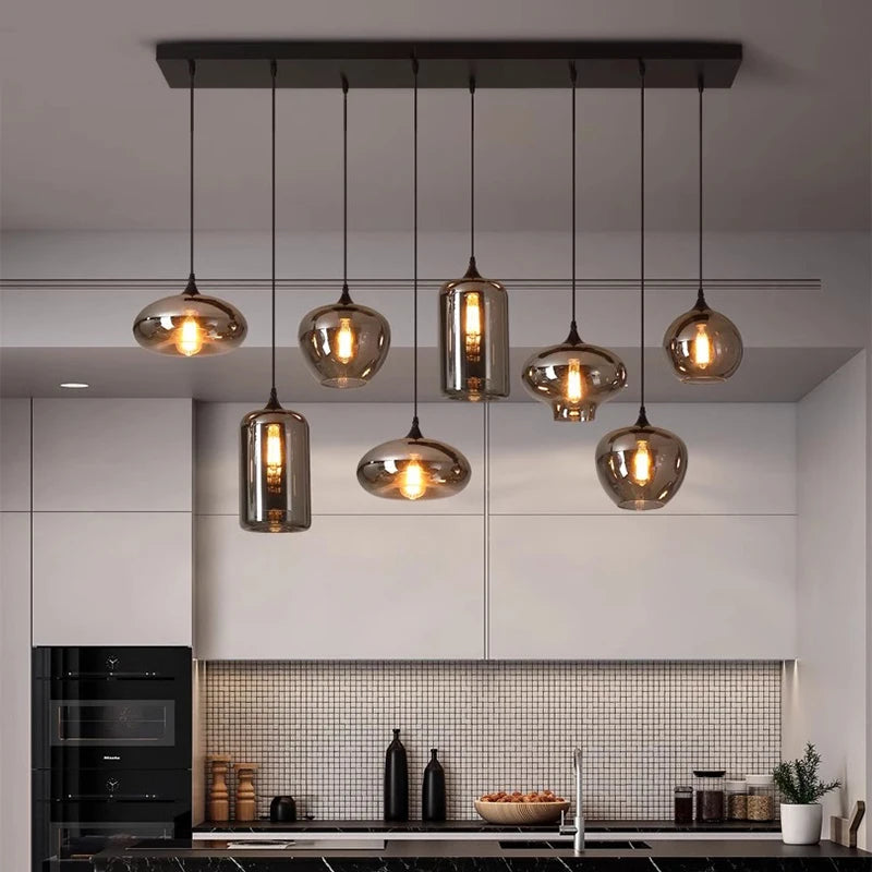 Glass pendant multiple lamps smoked glass mix