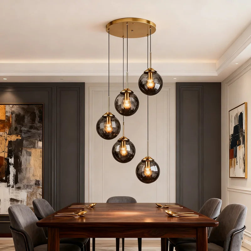 Glaskugel-Hängeleuchte | 3 oder 5 Köpfe | Bernstein, klar oder rauchgrau | E27