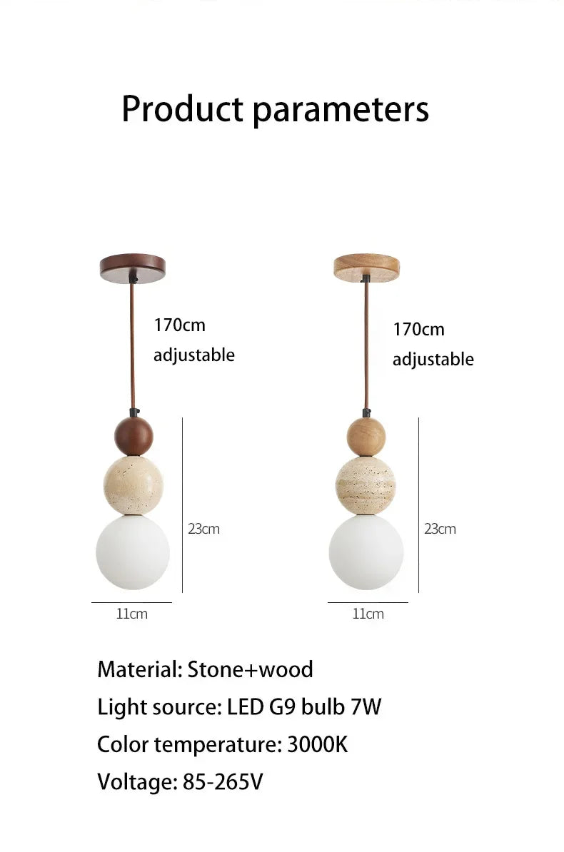 Rustikale Pendelleuchte aus Holz und Stein – Kronleuchter im mittelalterlichen Bauhaus-Stil