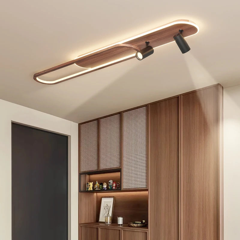 Linear LED Ceiling Light with Walnut Finish and Spotlight