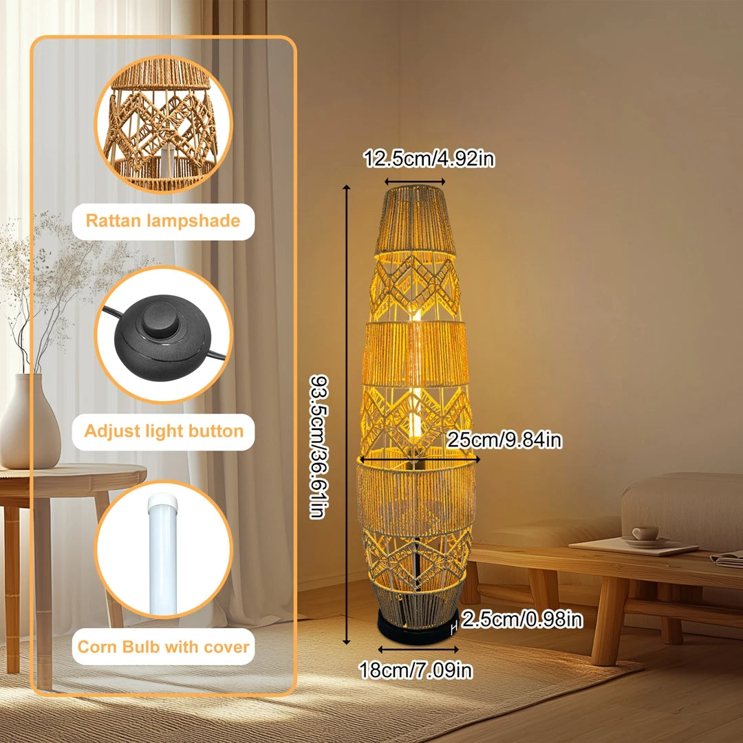 Boho-Stehlampe aus handgeflochtenem Rattan mit LED-Lichtleiste – Eckleselampe