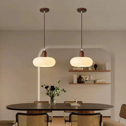 Melkglazen LED Hanglamp met Houten Pendel