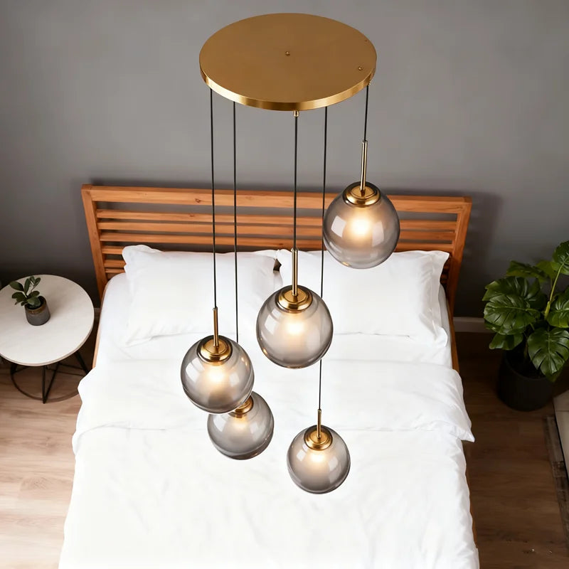 Glaskugel-Hängeleuchte | 3 oder 5 Köpfe | Bernstein, klar oder rauchgrau | E27