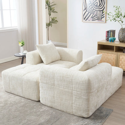 Luxury Beige Chenille Chaise Lounge Sofa - 2-Seater with Storage Pockets