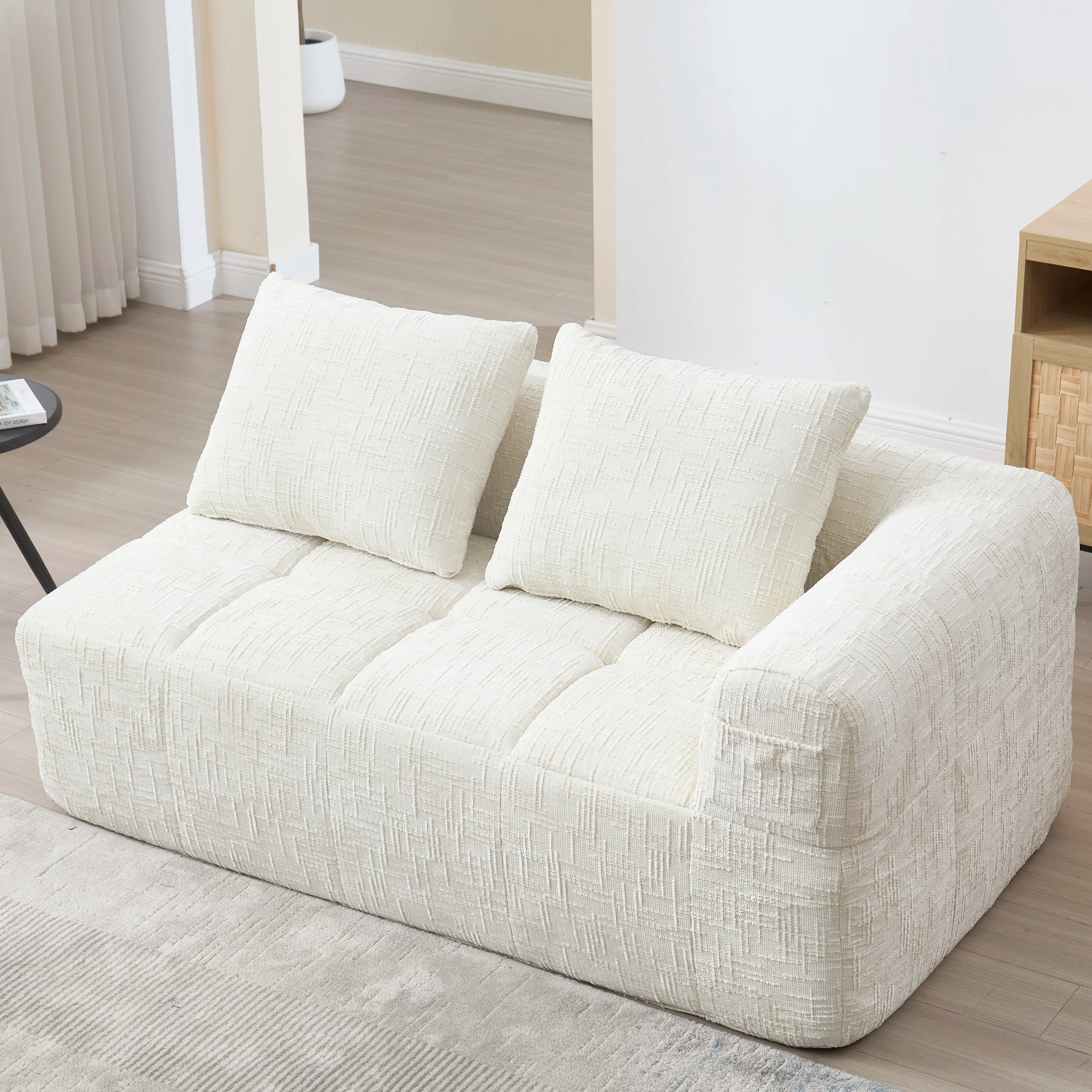 Luxury Beige Chenille Chaise Lounge Sofa - 2-Seater with Storage Pockets