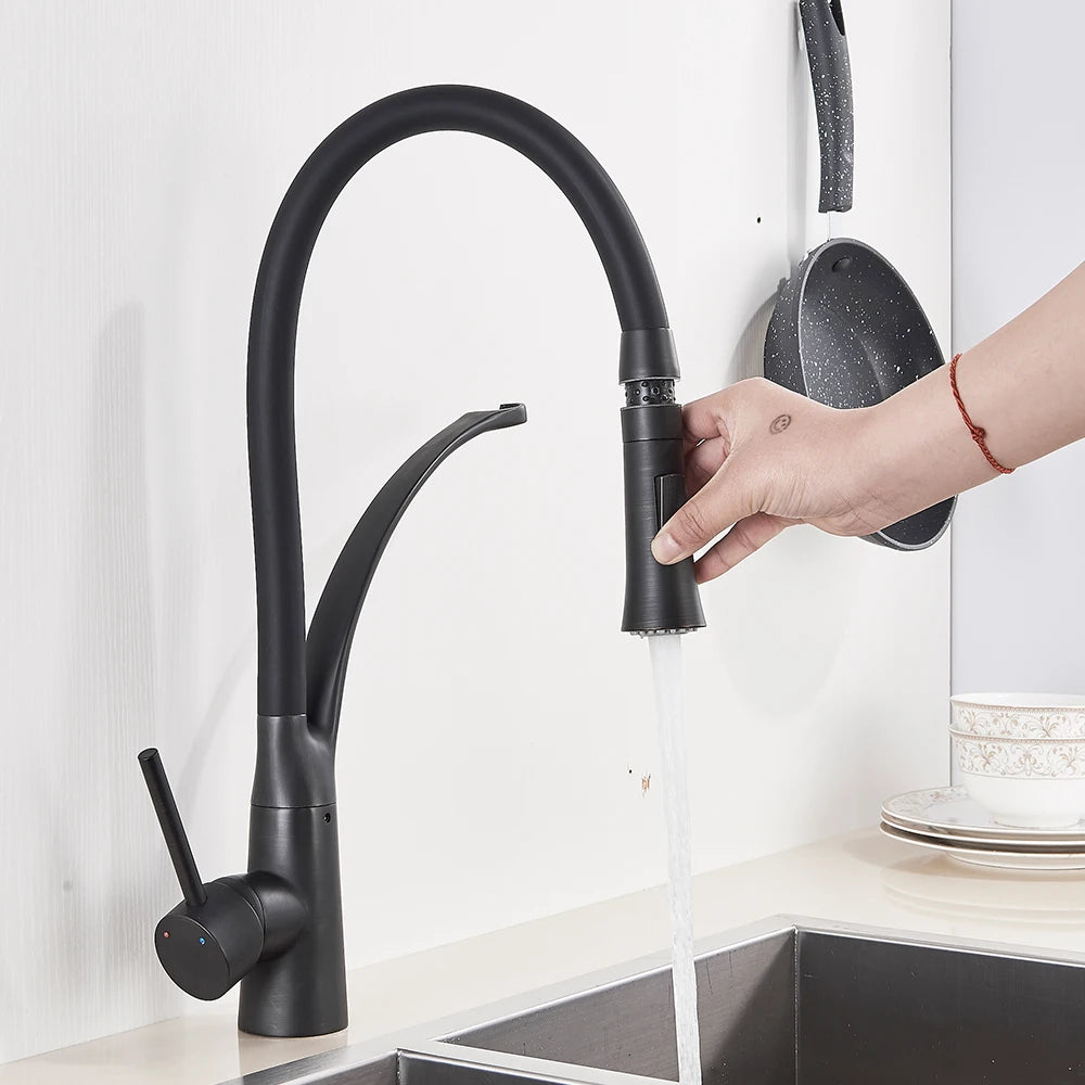 Matte Black Kitchen Faucet – Pull-Down Swivel Spout | Deck Mounted Mixer Tap