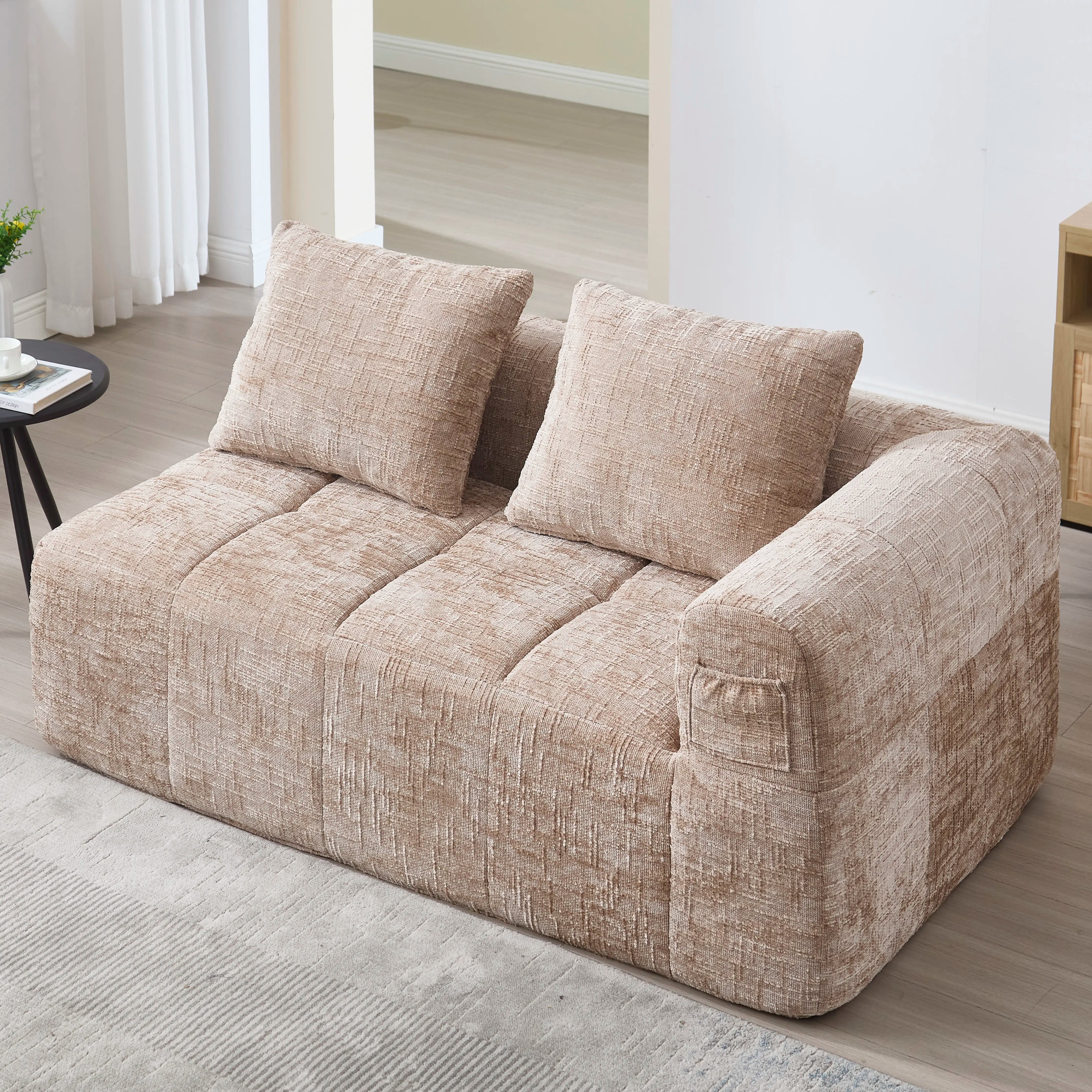 Luxury Beige Chenille Chaise Lounge Sofa - 2-Seater with Storage Pockets