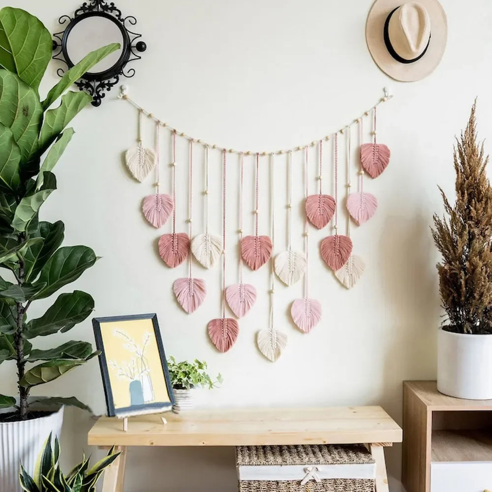 Boho-Makramee-Wandbehang mit Blättern – 120 × 75 cm