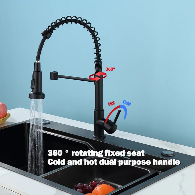 Stainless Steel Kitchen Faucet – Pull-Down Spring Spout with 360° Rotation | Matte Black