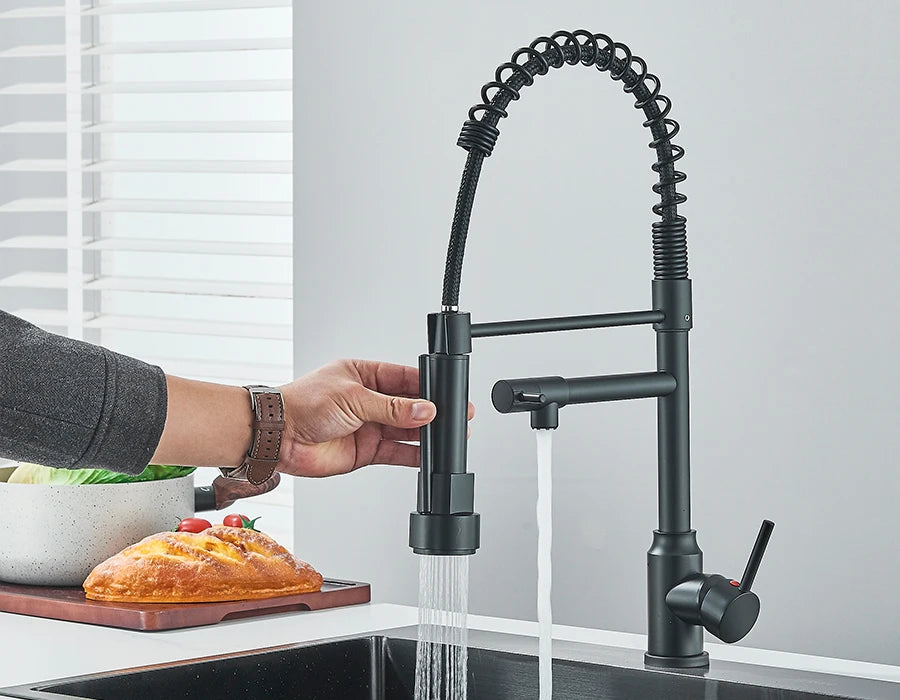 Dual Spout Kitchen Faucet with Pull-Out Spring Sprayer – Chrome | Mixer Tap