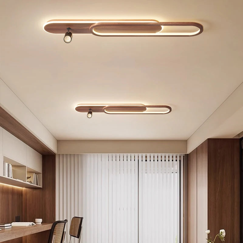 Linear LED Ceiling Light with Walnut Finish and Spotlight