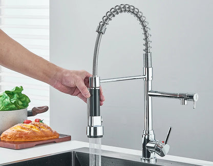 Dual Spout Kitchen Faucet with Pull-Out Spring Sprayer – Chrome | Mixer Tap