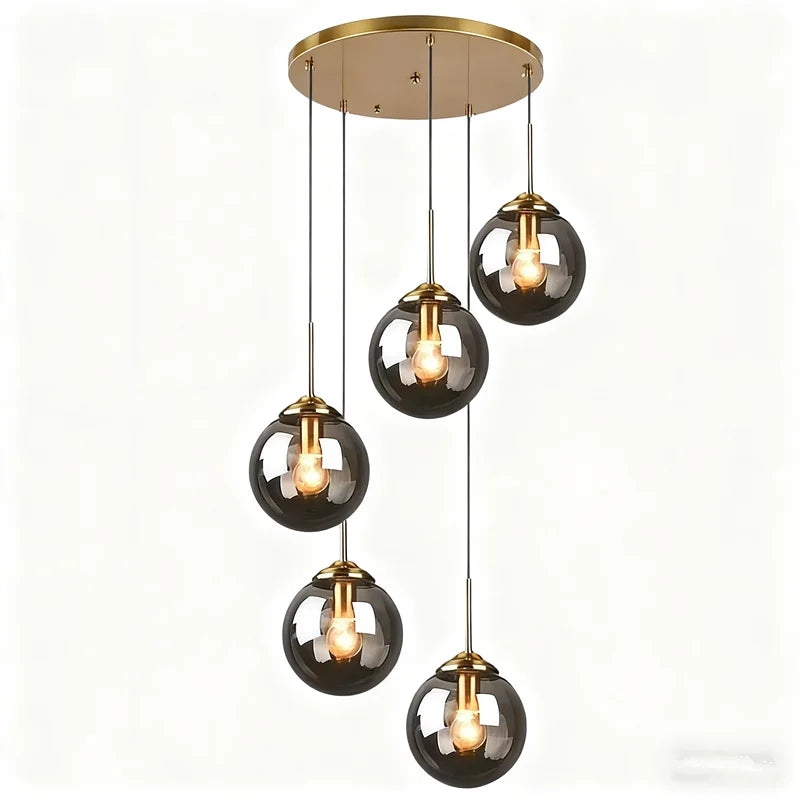 Glaskugel-Hängeleuchte | 3 oder 5 Köpfe | Bernstein, klar oder rauchgrau | E27