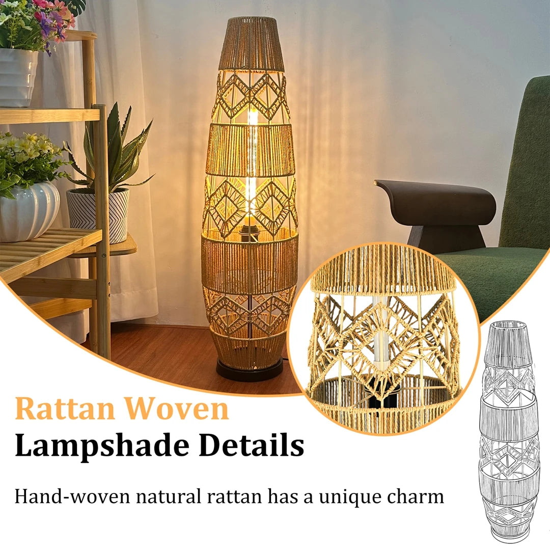 Boho-Stehlampe aus handgeflochtenem Rattan mit LED-Lichtleiste – Eckleselampe