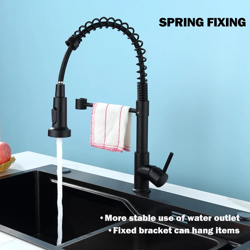 Stainless Steel Kitchen Faucet – Pull-Down Spring Spout with 360° Rotation | Matte Black