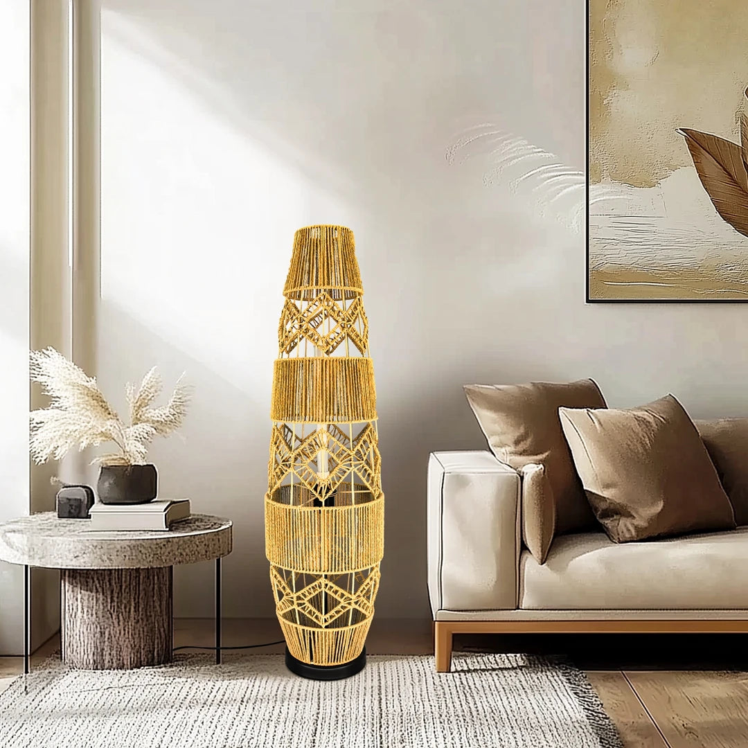 Boho-Stehlampe aus handgeflochtenem Rattan mit LED-Lichtleiste – Eckleselampe