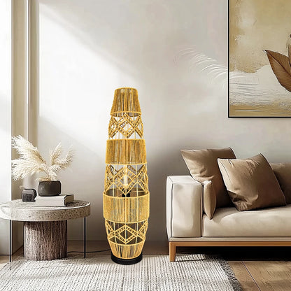 Boho-Stehlampe aus handgeflochtenem Rattan mit LED-Lichtleiste – Eckleselampe