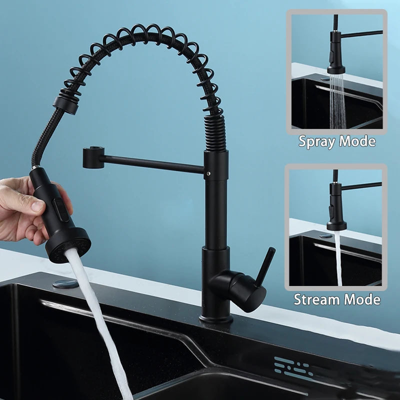 Stainless Steel Kitchen Faucet – Pull-Down Spring Spout with 360° Rotation | Matte Black