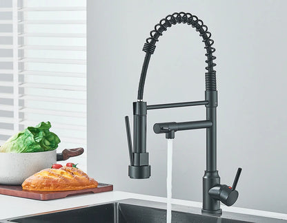 Dual Spout Kitchen Faucet with Pull-Out Spring Sprayer – Chrome | Mixer Tap