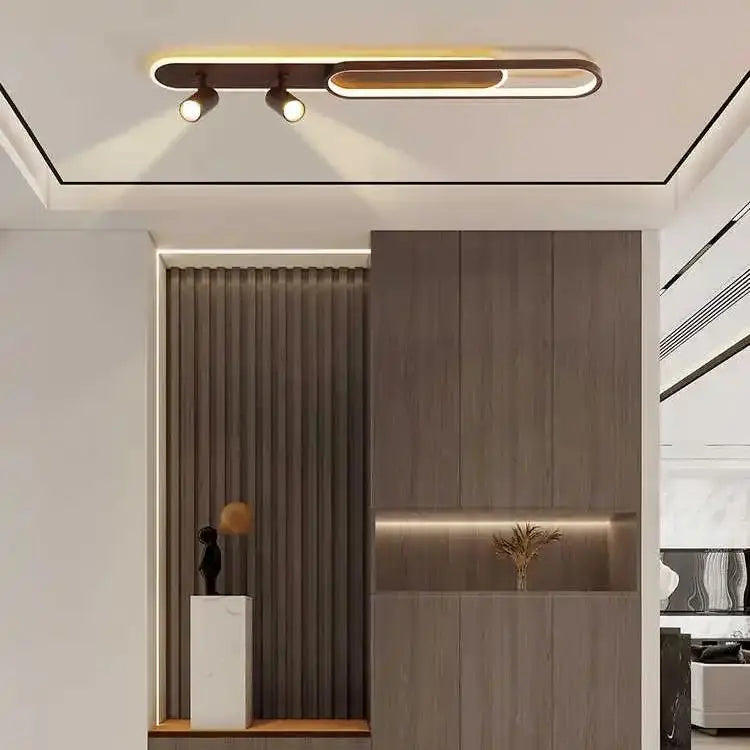 Linear LED Ceiling Light with Walnut Finish and Spotlight