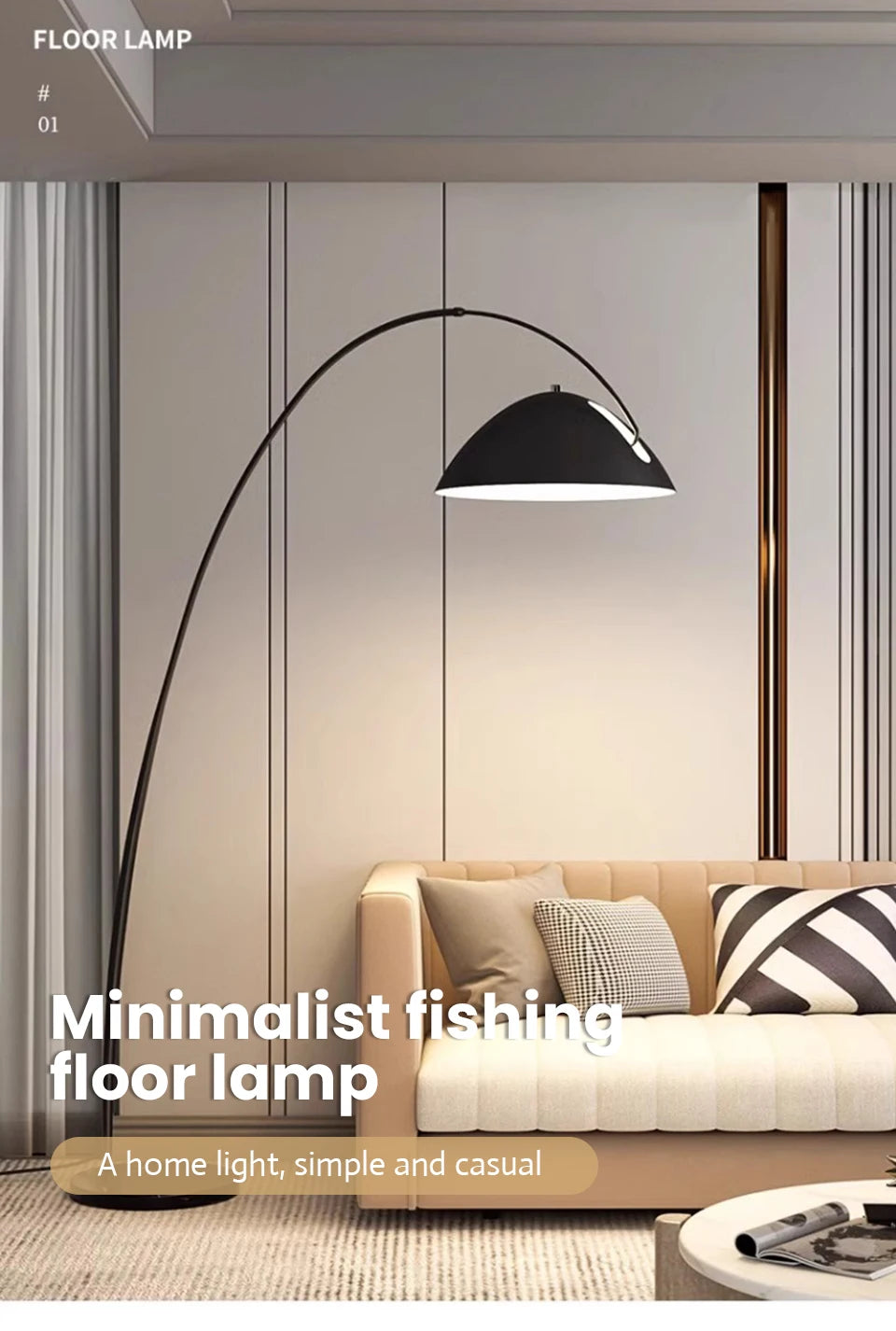 Moderne skandinavische LED-Stehlampe – dreifarbige, dimmbare Angelruten-Optik