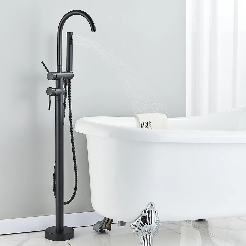 Floor Standing Bathtub Faucet - Single Handle Mixer with 360° Swivel Spout & Hand Shower