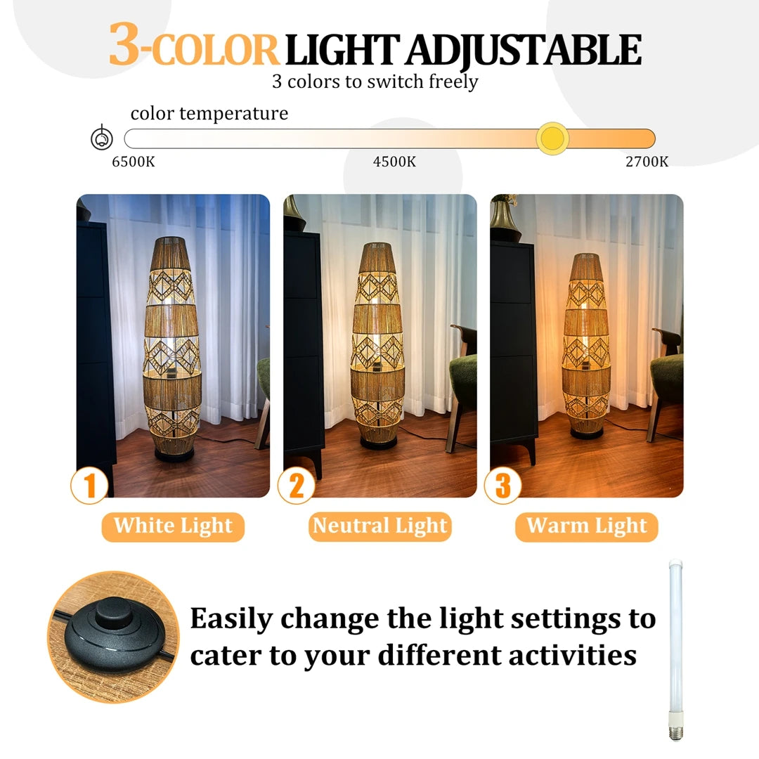 Boho-Stehlampe aus handgeflochtenem Rattan mit LED-Lichtleiste – Eckleselampe