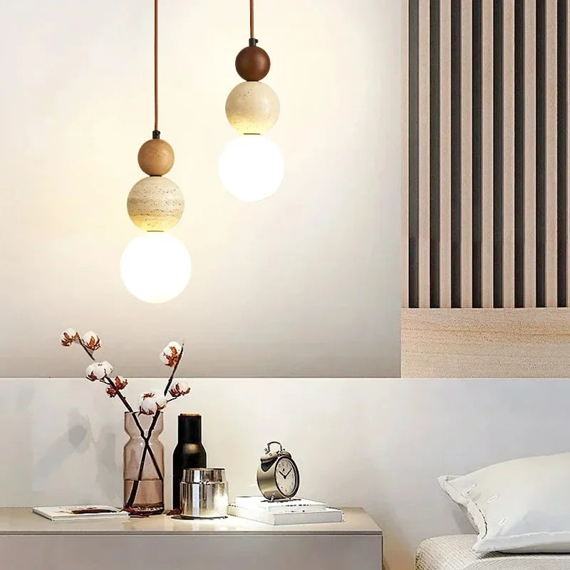 Rustic Wood & Stone Pendant Light - Medieval Bauhaus Designer Chandelier