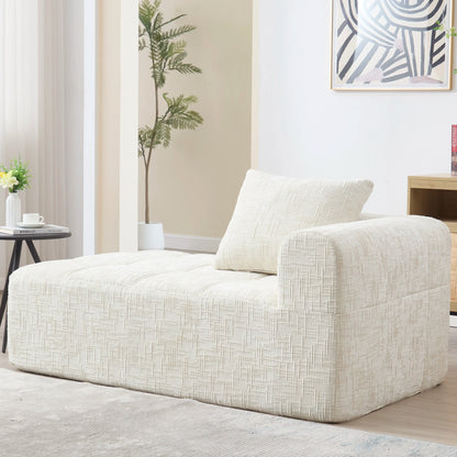 Luxury Beige Chenille Chaise Lounge Sofa - 2-Seater with Storage Pockets