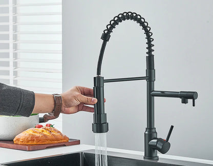 Dual Spout Kitchen Faucet with Pull-Out Spring Sprayer – Chrome | Mixer Tap