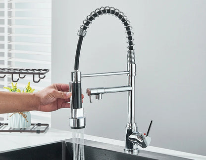 Dual Spout Kitchen Faucet with Pull-Out Spring Sprayer – Chrome | Mixer Tap