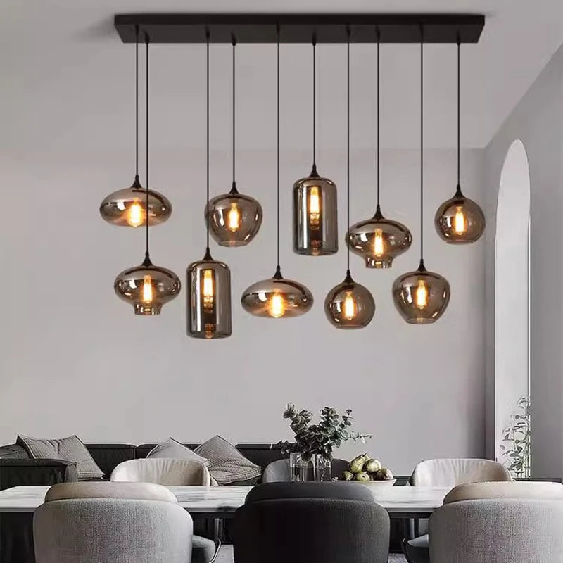 Glass pendant multiple lamps smoked glass mix