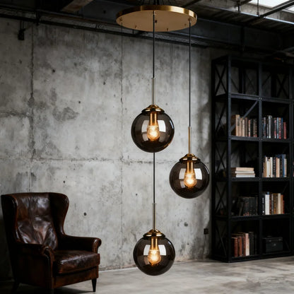 Glaskugel-Hängeleuchte | 3 oder 5 Köpfe | Bernstein, klar oder rauchgrau | E27