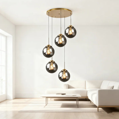 Glaskugel-Hängeleuchte | 3 oder 5 Köpfe | Bernstein, klar oder rauchgrau | E27