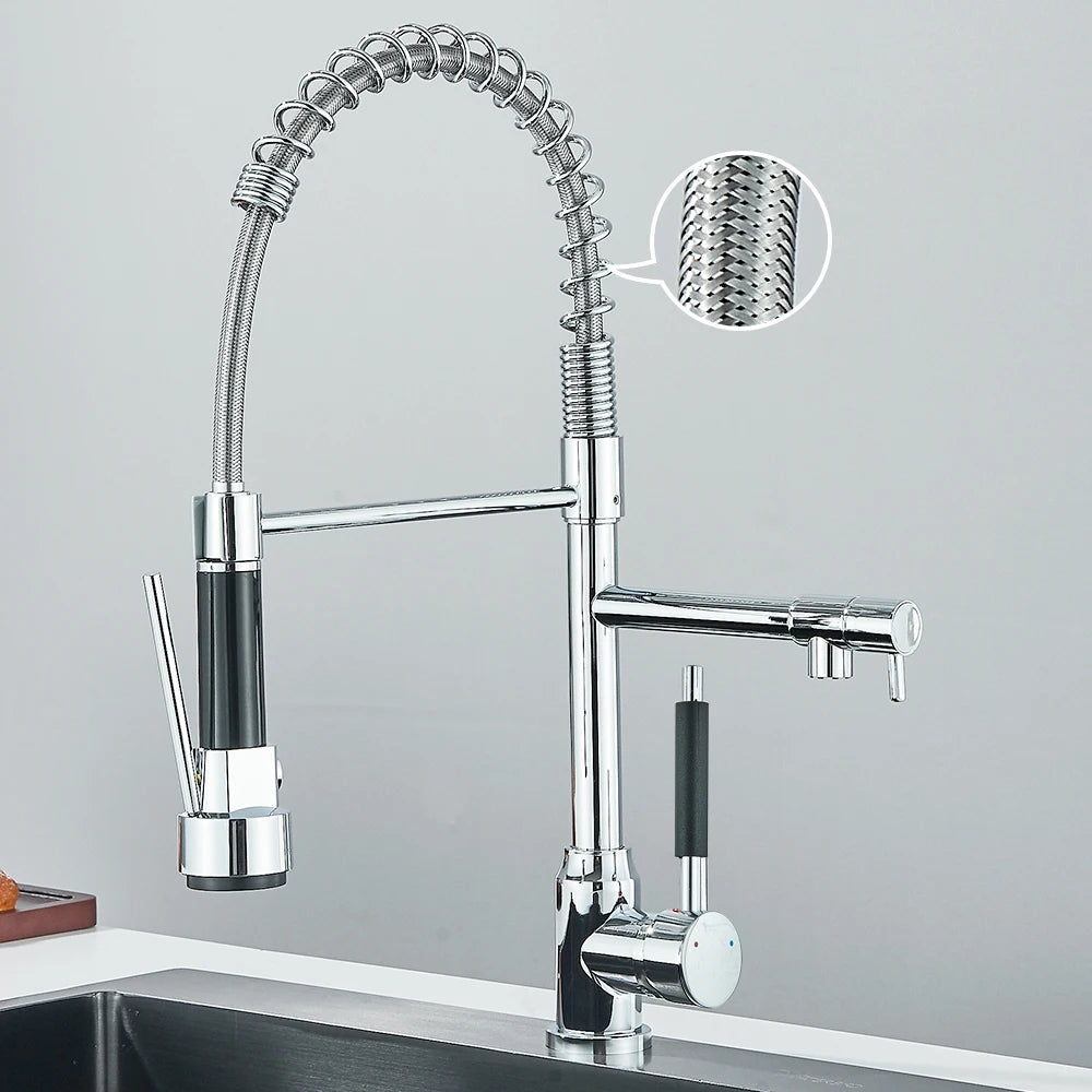 Dual Spout Kitchen Faucet with Pull-Out Spring Sprayer – Chrome | Mixer Tap
