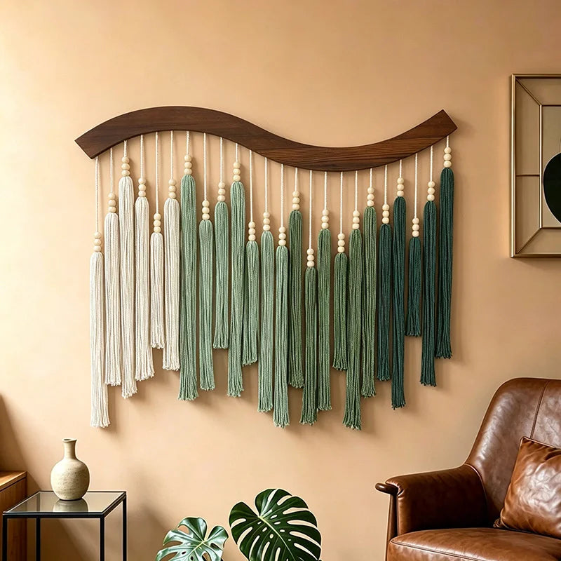 Grüne Makramee-Wanddekoration mit Quasten – 70 × 80 cm