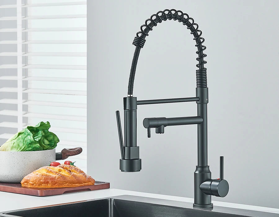 Dual Spout Kitchen Faucet with Pull-Out Spring Sprayer – Chrome | Mixer Tap