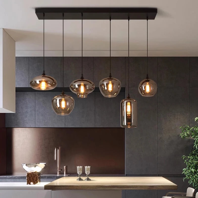 Glass pendant multiple lamps smoked glass mix
