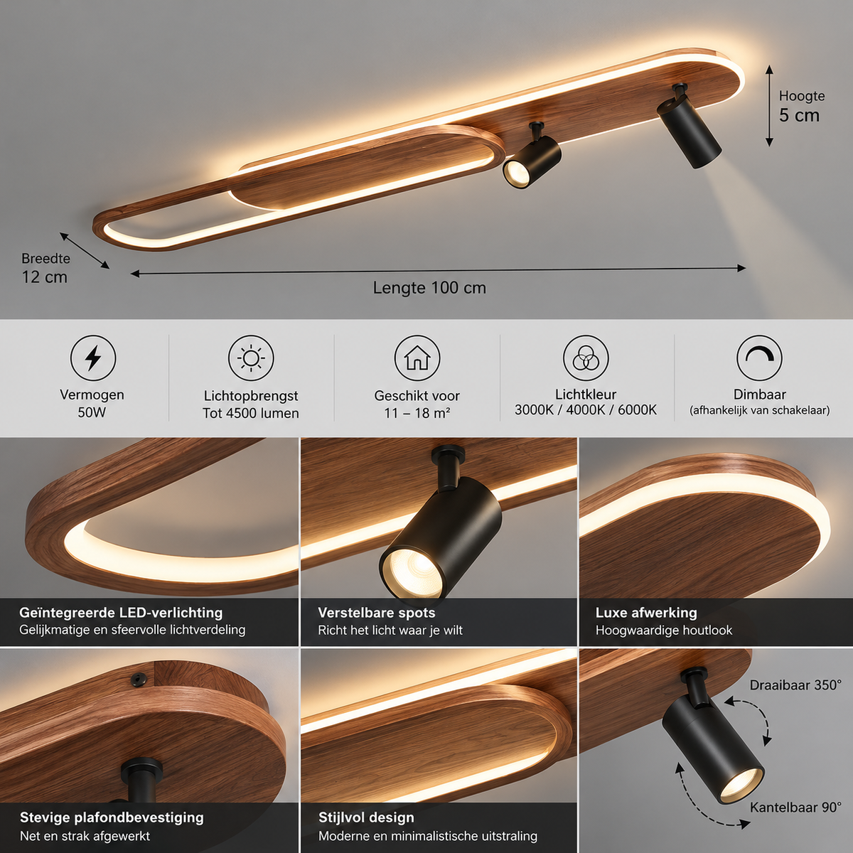 Linear LED Ceiling Light with Walnut Finish and Spotlight