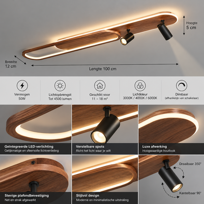 Linear LED Ceiling Light with Walnut Finish and Spotlight