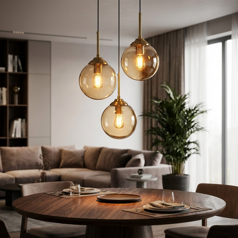 Glaskugel-Hängeleuchte | 3 oder 5 Köpfe | Bernstein, klar oder rauchgrau | E27