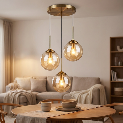 Glaskugel-Hängeleuchte | 3 oder 5 Köpfe | Bernstein, klar oder rauchgrau | E27