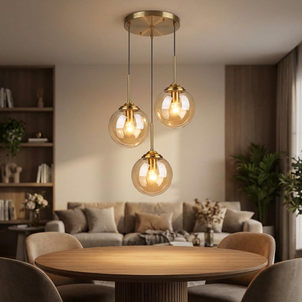 Glaskugel-Hängeleuchte | 3 oder 5 Köpfe | Bernstein, klar oder rauchgrau | E27