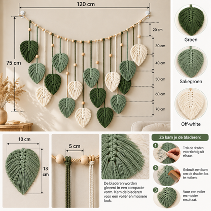 Boho-Makramee-Wandbehang mit Blättern – 120 × 75 cm