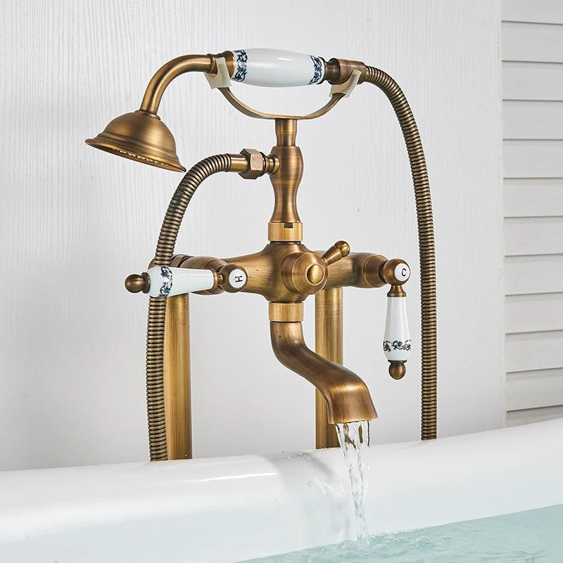 Antique Brass Dual-Handle Floor Stand Faucet – Classic & Functional