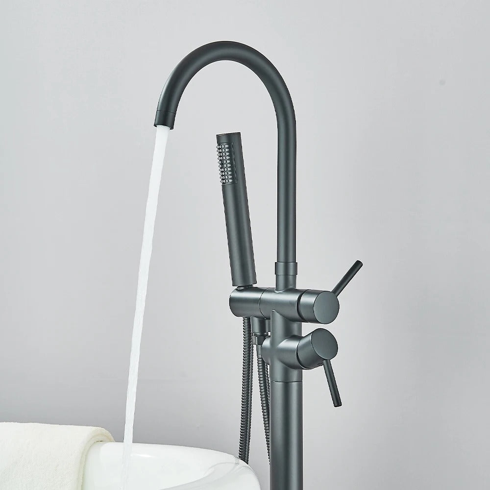 Floor Standing Bathtub Faucet - Single Handle Mixer with 360° Swivel Spout & Hand Shower